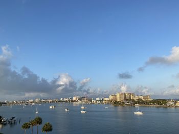 Sailboats in sea against sky