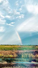 Scenic view of field against rainbow in sky