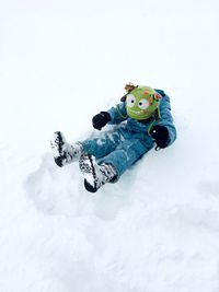 High angle view of stuffed toy on snow covered field
