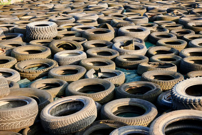 Full frame shot of tires at junkyard