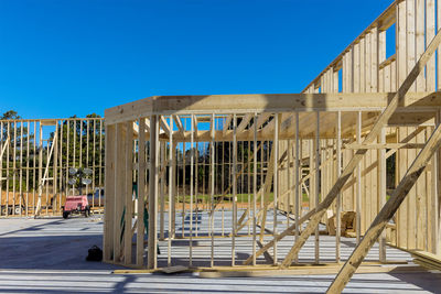 Low angle view of built structure against clear blue sky