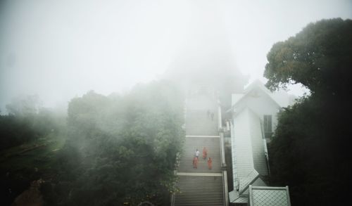 Monks on steps during foggy weather