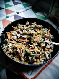 High angle view of food in skillet