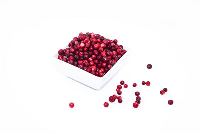 High angle view of cherries in bowl against white background