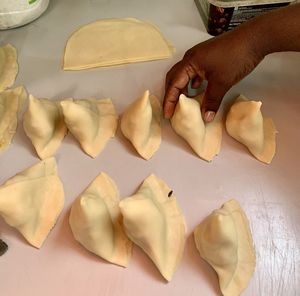 High angle view of person preparing food