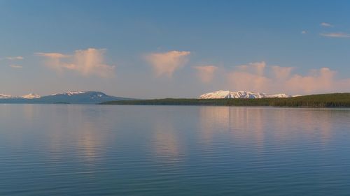 Scenic view of lake by mountain against sky