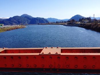 Scenic view of lake against clear blue sky