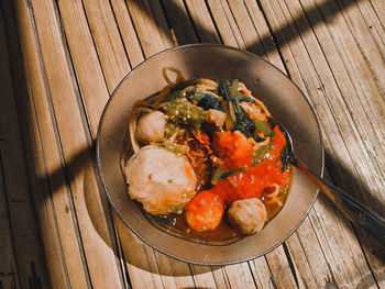 High angle view of food in plate on table, bakso indonesian food