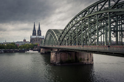 Bridge over river by buildings against sky in city