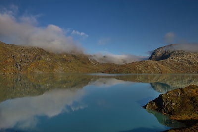 Scenic view of lake and mountains against sky