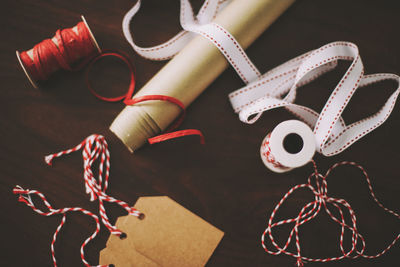 High angle view of shoes tied up on table