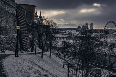 Bare trees by buildings against sky during winter