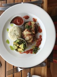 High angle view of food in plate on table