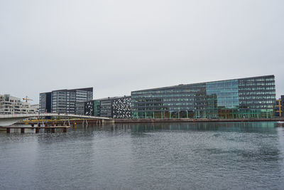 Buildings by river against clear sky