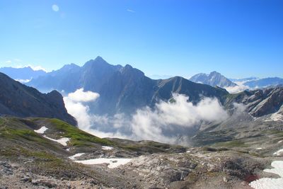 Scenic view of snowcapped mountains against clear blue sky