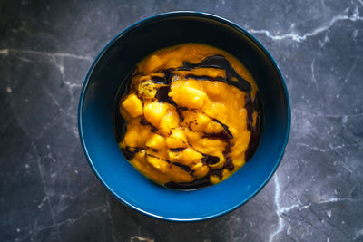 High angle view of fruits in bowl on table