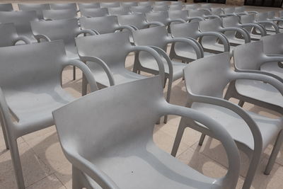 High angle view of empty chairs at auditorium