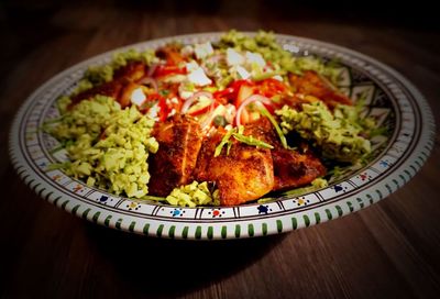 High angle view of salad in plate on table