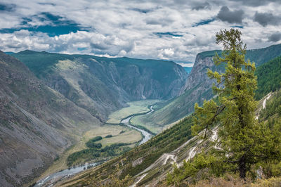 Scenic view of mountains against cloudy sky