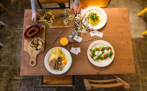 High angle view of breakfast on table