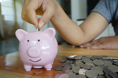 Close-up of hand holding coins on table