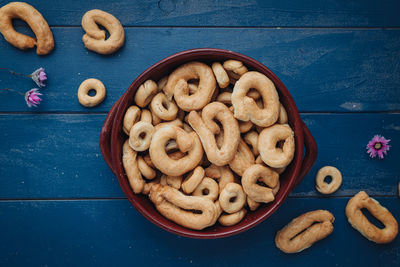 High angle view of cookies in plate on table