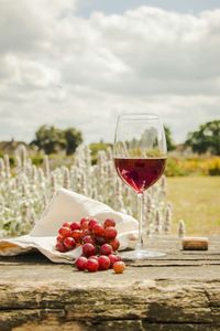 Red grapes with wineglass on table at field