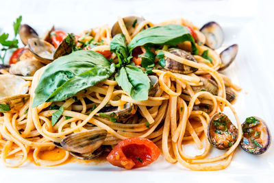 Close-up of pasta and clams in plate