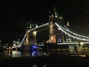 Illuminated bridge over river in city at night