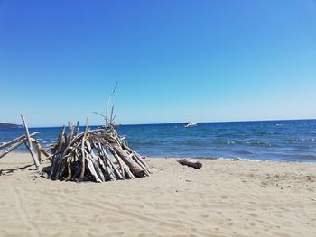 Scenic view of beach against clear blue sky