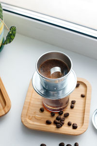 High angle view of coffee on table