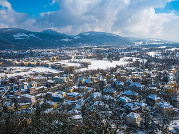 High angle view of cityscape against sky