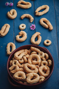 High angle view of cookies in plate on table