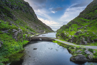 Scenic view of river amidst rocks against sky