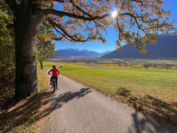 Rear view of man riding bicycle on road against sky