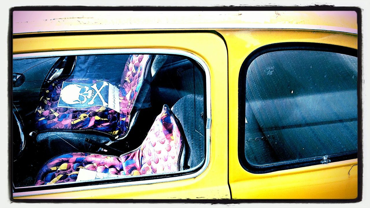 transportation, mode of transport, car, transfer print, land vehicle, yellow, auto post production filter, close-up, travel, vehicle interior, part of, car interior, journey, on the move, full frame, bus, day, street, headlight, outdoors