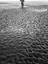 Low section of person walking on wet sand at beach