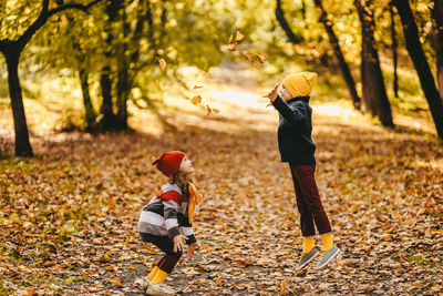 Rear view of boys on autumn leaves on land