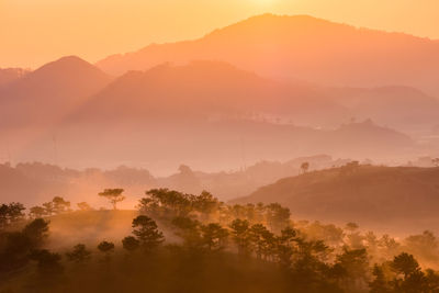 Scenic view of mountains against sky during sunset