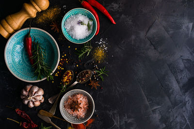 High angle view of spices and seasonings on table