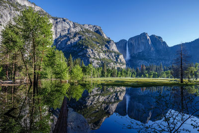 Scenic view of lake in forest against clear blue sky