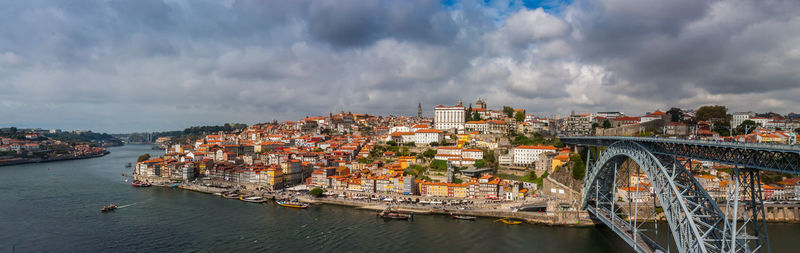 Panoramic view of bridge over river against sky in city