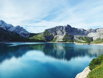 Scenic view of lake by mountains against sky