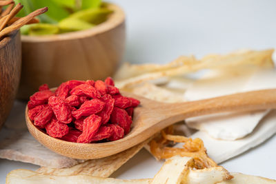 Close-up of red chili peppers in bowl on table