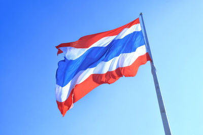 Low angle view of flag against blue sky