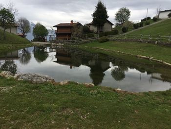 Scenic view of lake by building against sky