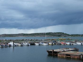 Sailboats moored at harbor