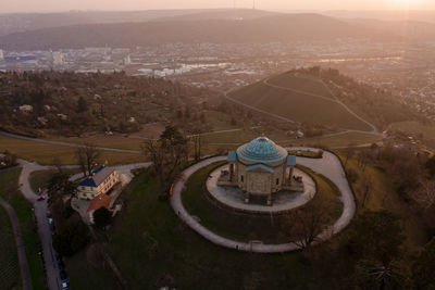 High angle view of cityscape against sky during sunset