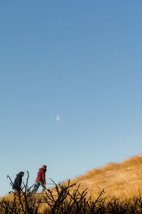 People on field against clear blue sky