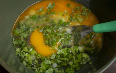 High angle view of food in plate